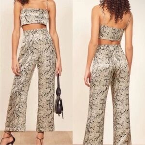 🐍 REFORMATION • silk snake print high two piece crop top and crop pant set